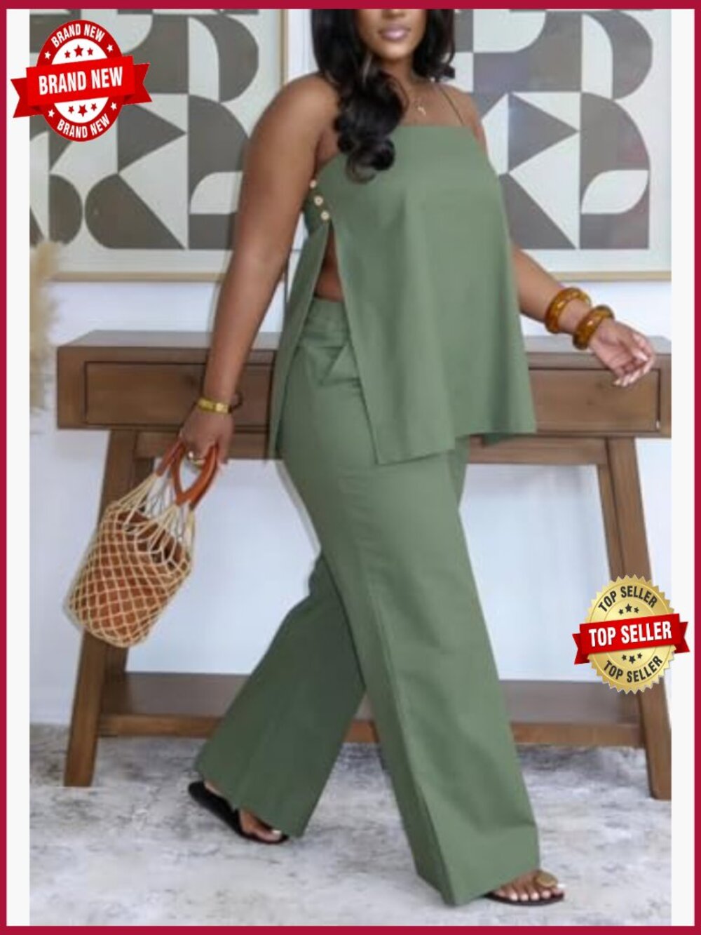 2 Piece Linen Lounge Set Slit Cami Top Baggy Pants Plus Size - Picture 5 of 7